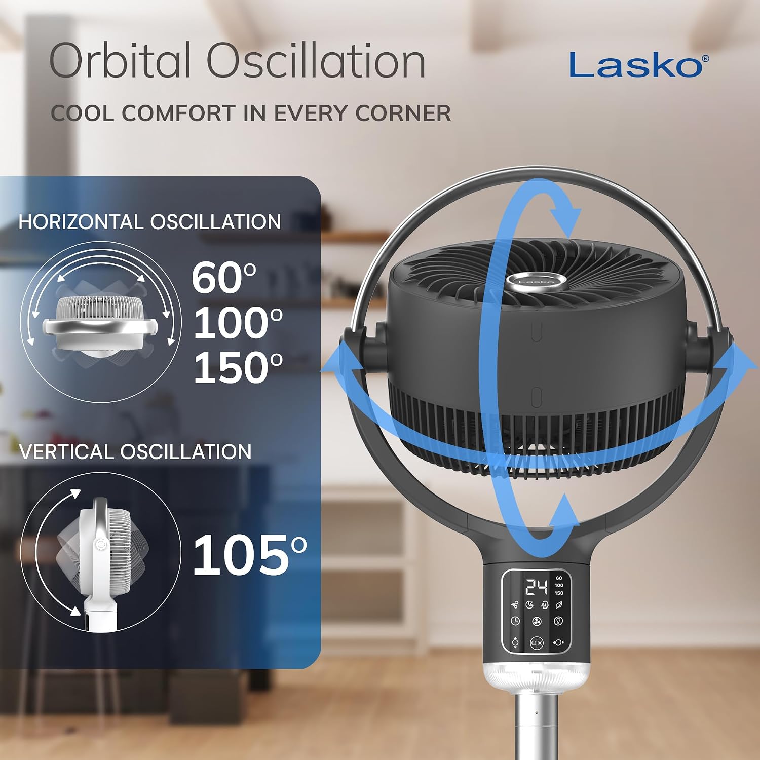 Lasko Whirlwind Orbital Motion Pedestal Fan with WhisperForce DC Technology, 25ft/s Airflow, 25dBA, Night Light, 24Hr Timer, Adjustable Height 21" - 39", Remote Control, Gray, APDC215