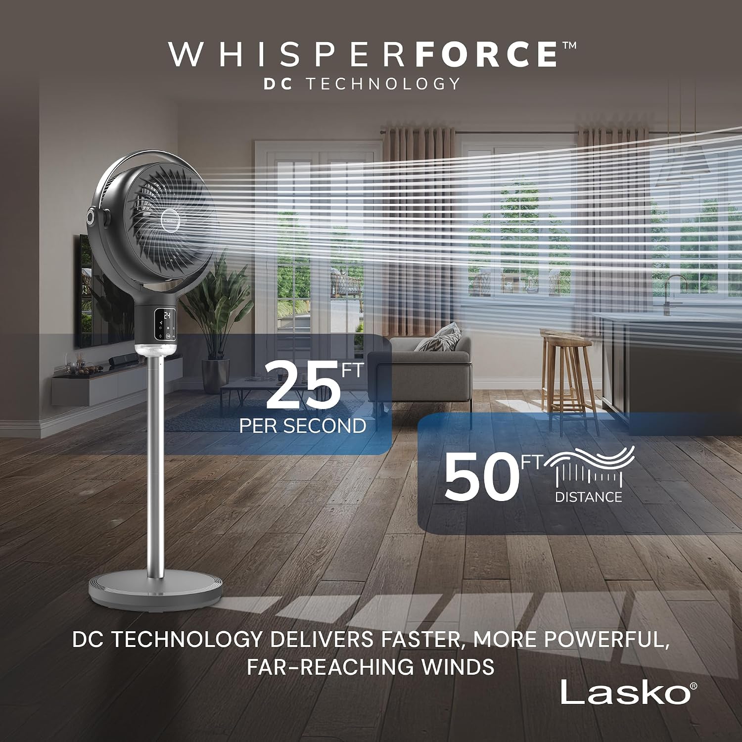 Lasko Whirlwind Orbital Motion Pedestal Fan with WhisperForce DC Technology, 25ft/s Airflow, 25dBA, Night Light, 24Hr Timer, Adjustable Height 21" - 39", Remote Control, Gray, APDC215