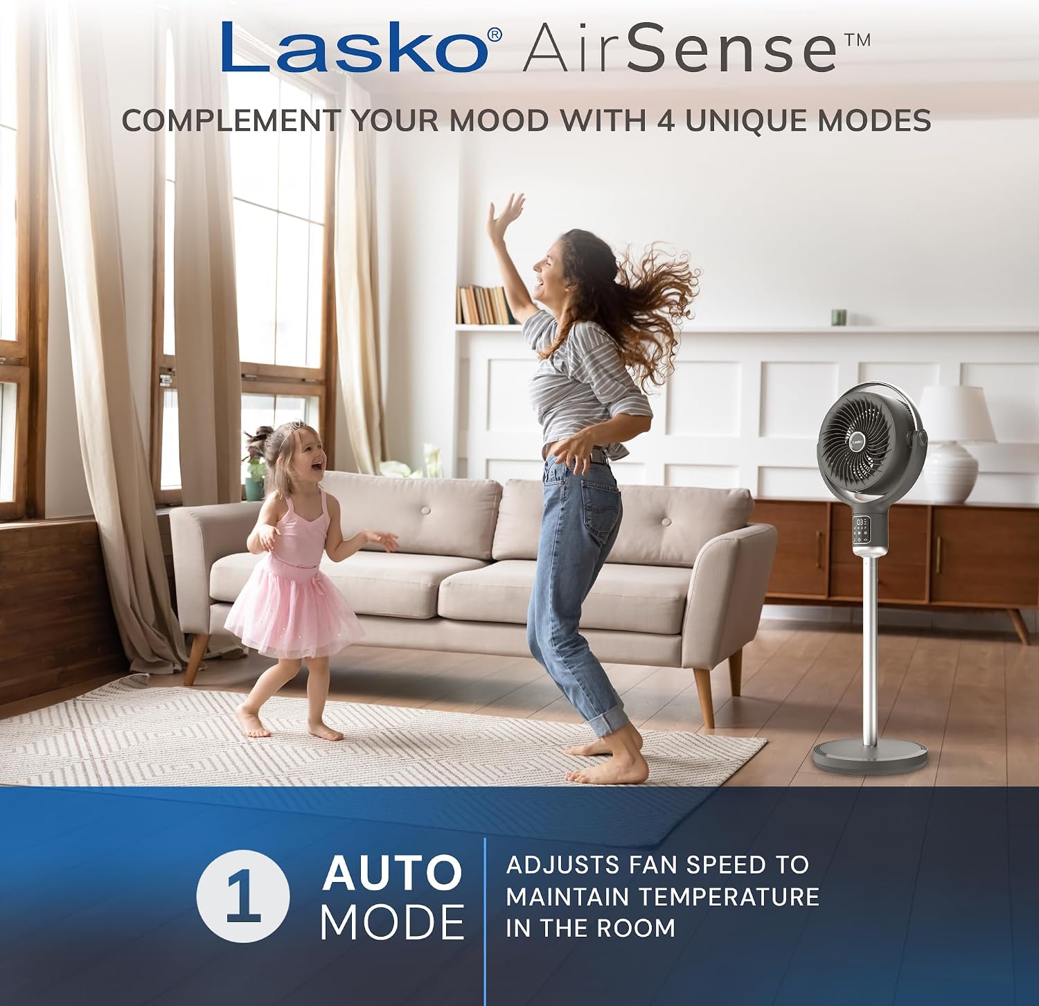 Lasko Whirlwind Orbital Motion Pedestal Fan with WhisperForce DC Technology, 25ft/s Airflow, 25dBA, Night Light, 24Hr Timer, Adjustable Height 21" - 39", Remote Control, Gray, APDC215