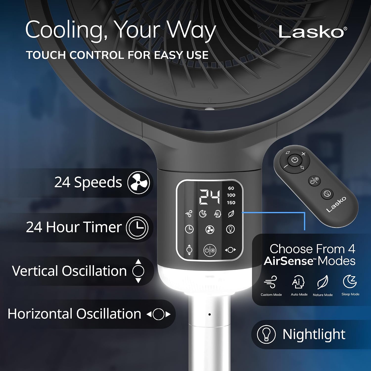 Lasko Whirlwind Orbital Motion Pedestal Fan with WhisperForce DC Technology, 25ft/s Airflow, 25dBA, Night Light, 24Hr Timer, Adjustable Height 21" - 39", Remote Control, Gray, APDC215