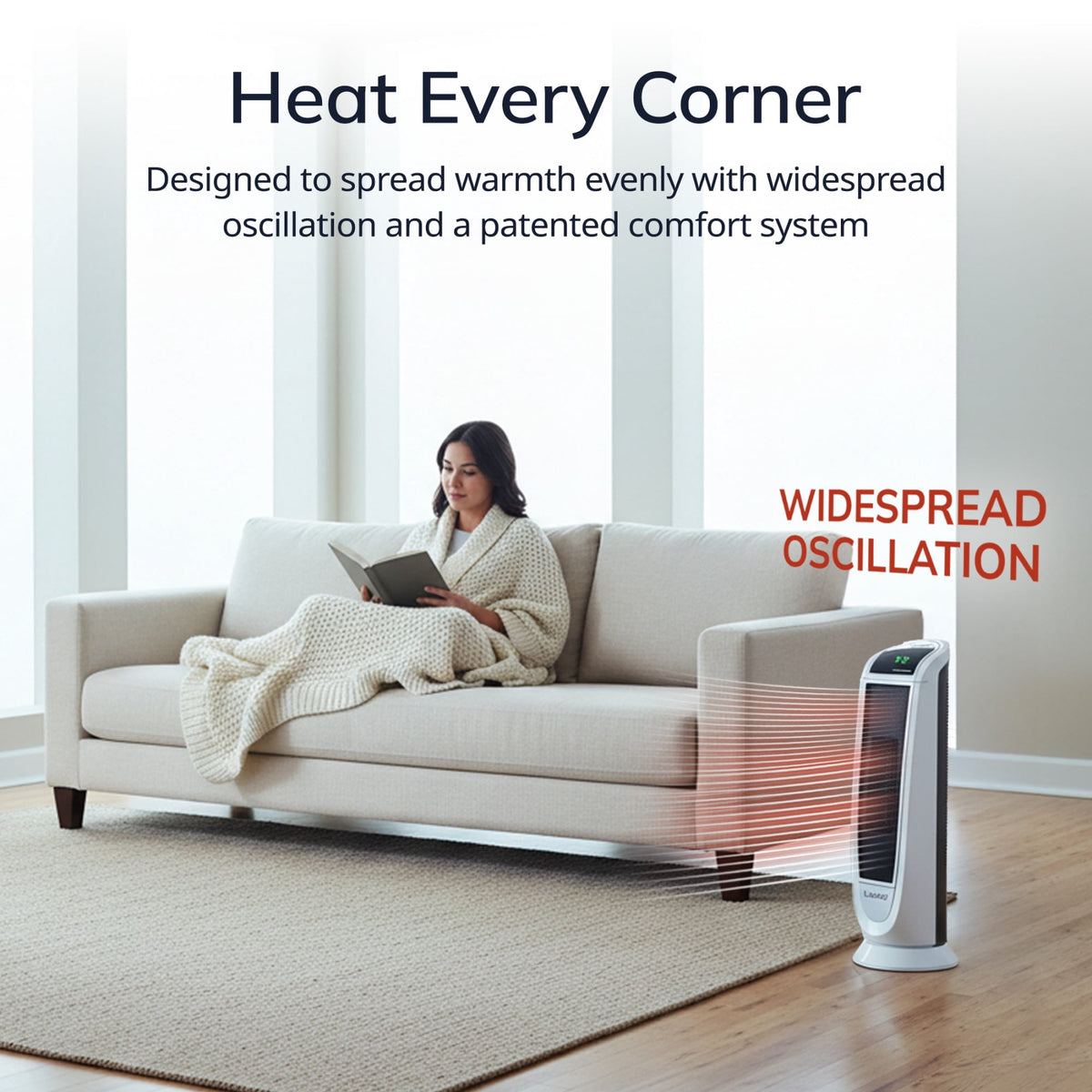 Lasko 23" 1500W Electric Digital Ceramic Tower Space Heater with Remote, White, 5165