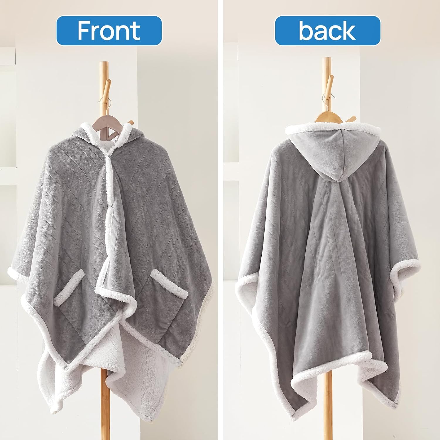 Westinghouse Wearable Electric Throw Flannel Sherpa 50x60 Inch | Electric Shawl Wrap with Pockets, Wearable Heated Poncho Hoodie with 6 Heating Levels & 2-10 Hours Auto Shut Off, Home Office Light Grey 60*50" Heated Hoodie Blanket (Short)