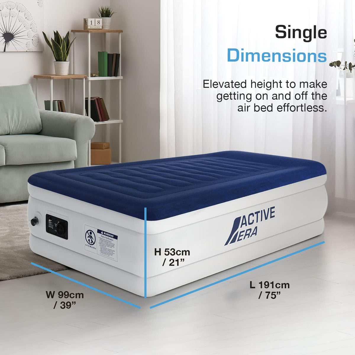 Active Era 21" Twin Air Mattress with Built-in Pump & Raised Pillow - Heavy Duty Puncture Resistant, Waterproof Blow Up Bed Twin Luxury (Slightly damaged Packaging)
