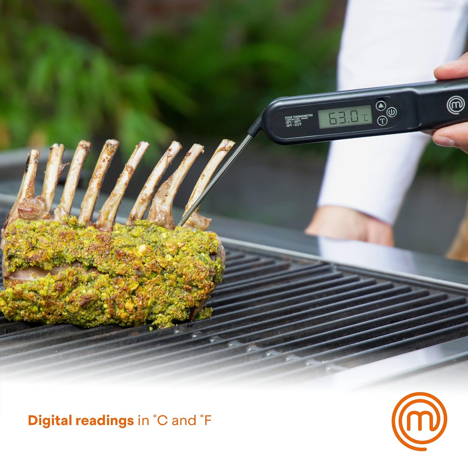 MasterChef Meat Thermometer Digital, Temperature Probe for Food (Steak, Chicken) & Liquids (Coffee, Tea, Milk), Portable BBQ Grill Gadget, Instant Read LED Display (F & C), Foldable, Black