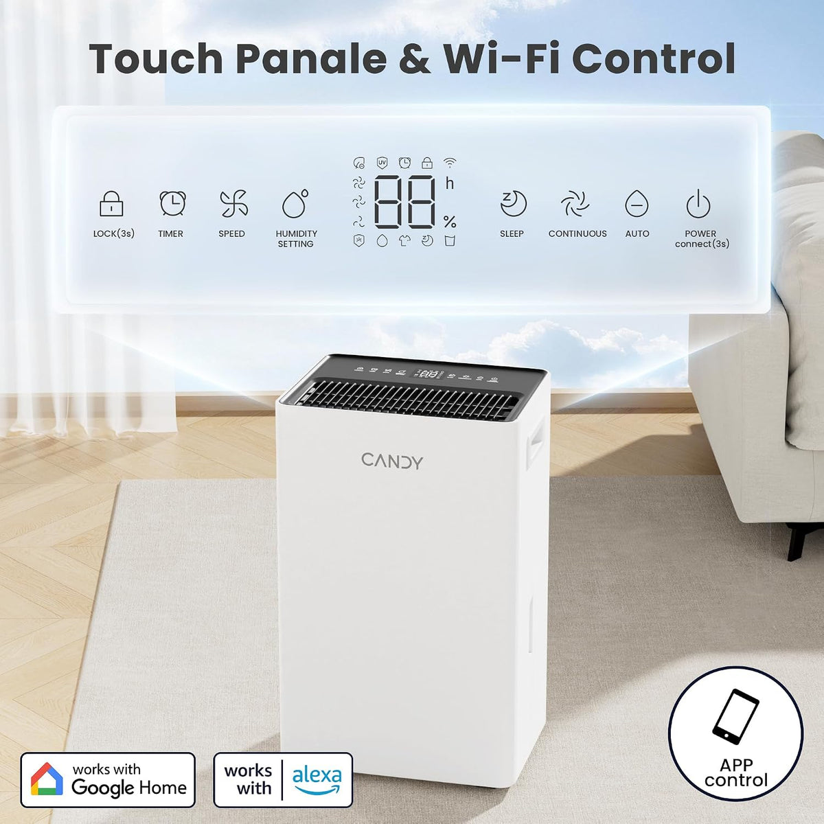 Candy 4500 Sq.Ft Dehumidifier for Basement 53 Pints Dehumidifiers for Home, White