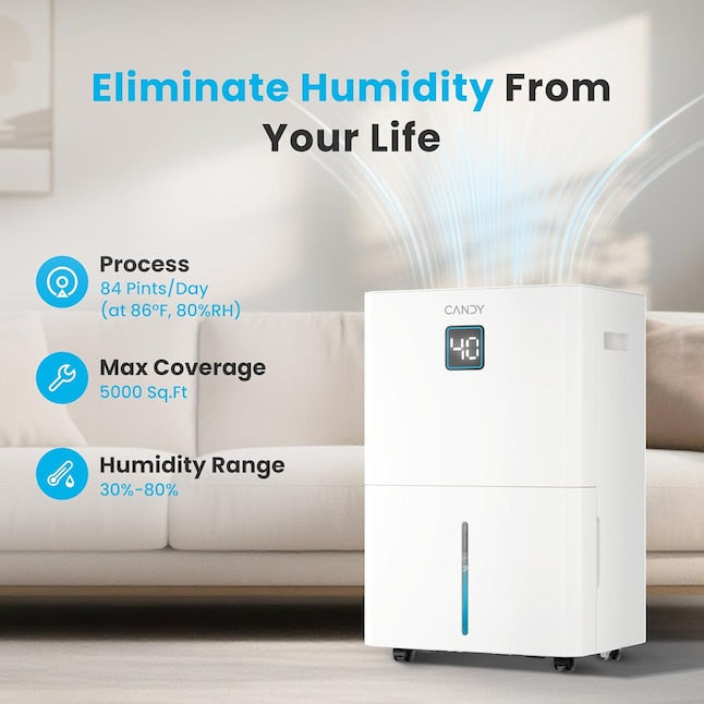 Candy 84 Pints Dehumidifier for Spaces up to 5000 Sq. Ft, White