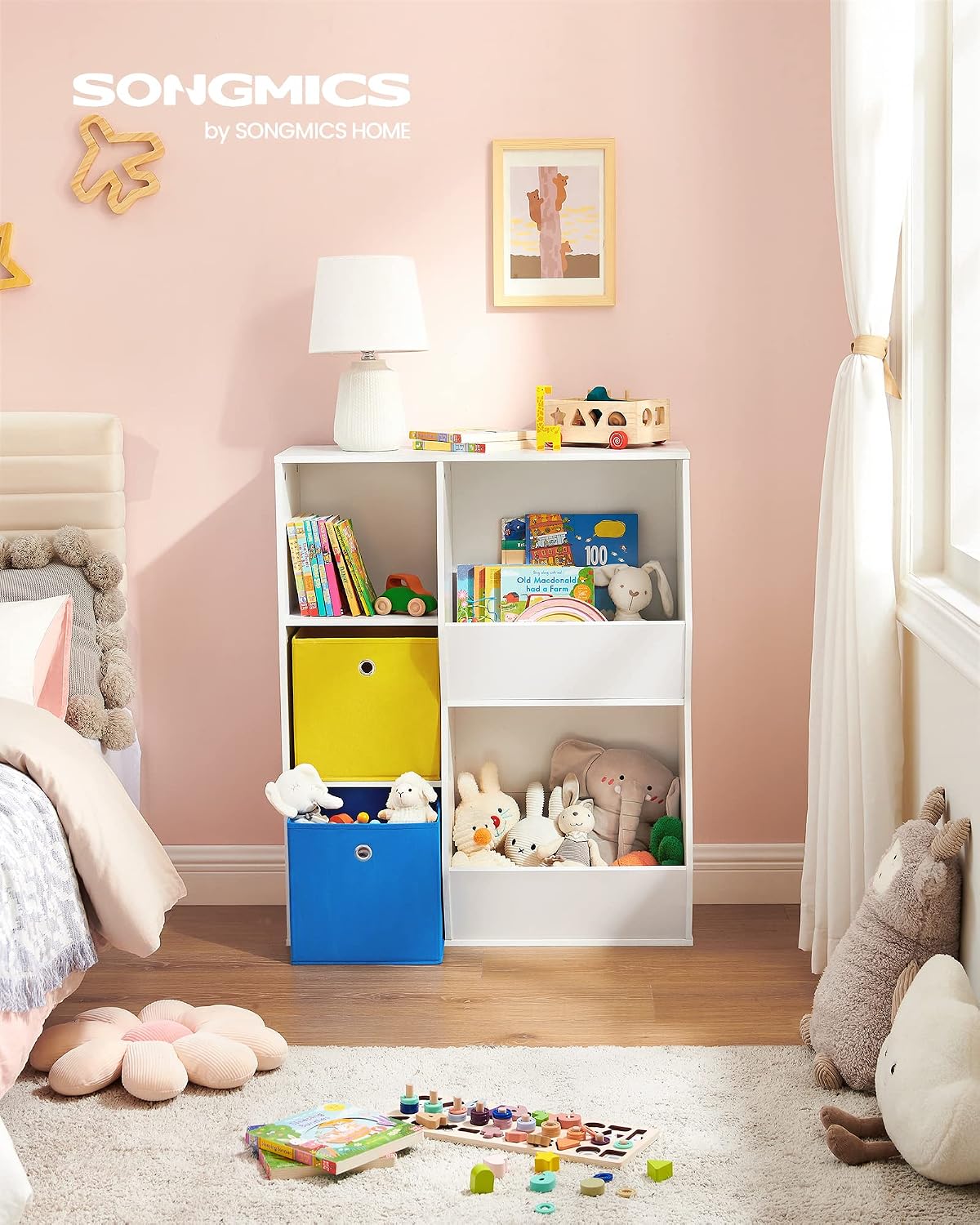 SONGMICS 3 shelves Toy Storage Organizer, with Compartments, Shelves and Fabric Bins, for Kids Room, Playroom, White
