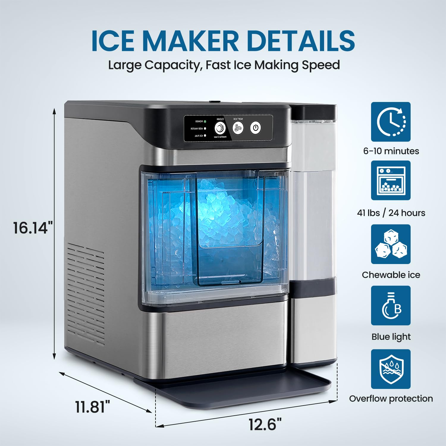 Countertop Nugget Ice Maker with 0.793 Gallon Tank, Large Capacity Ice Makers Countertop, 41Lbs/24H, Self-Cleaning, One-Click Operation Stainless Steel