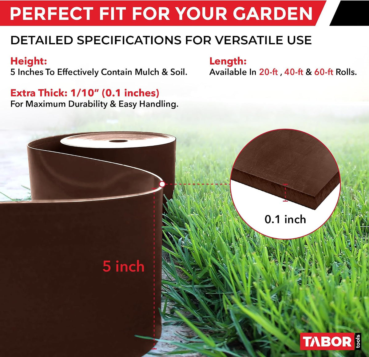TABOR TOOLS Landscape Edging, 20 Ft Brown Coiled Bender Board, 5 Inch Tall HDPE Terrace Board, Flexible Plastic Garden Edging, Grass Barrier & Root Barrier for Lawn, Flower Beds & Under Fence, Brown