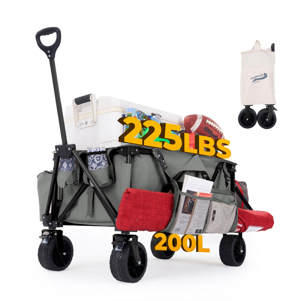 Camphor Designs 200L Collapsible Folding Beach Wagon |Heavy Duty Utility Cart Extender |Supports 225lbs |All-Terrain Big Wheels with Breaks for Sports Camping (Grey)