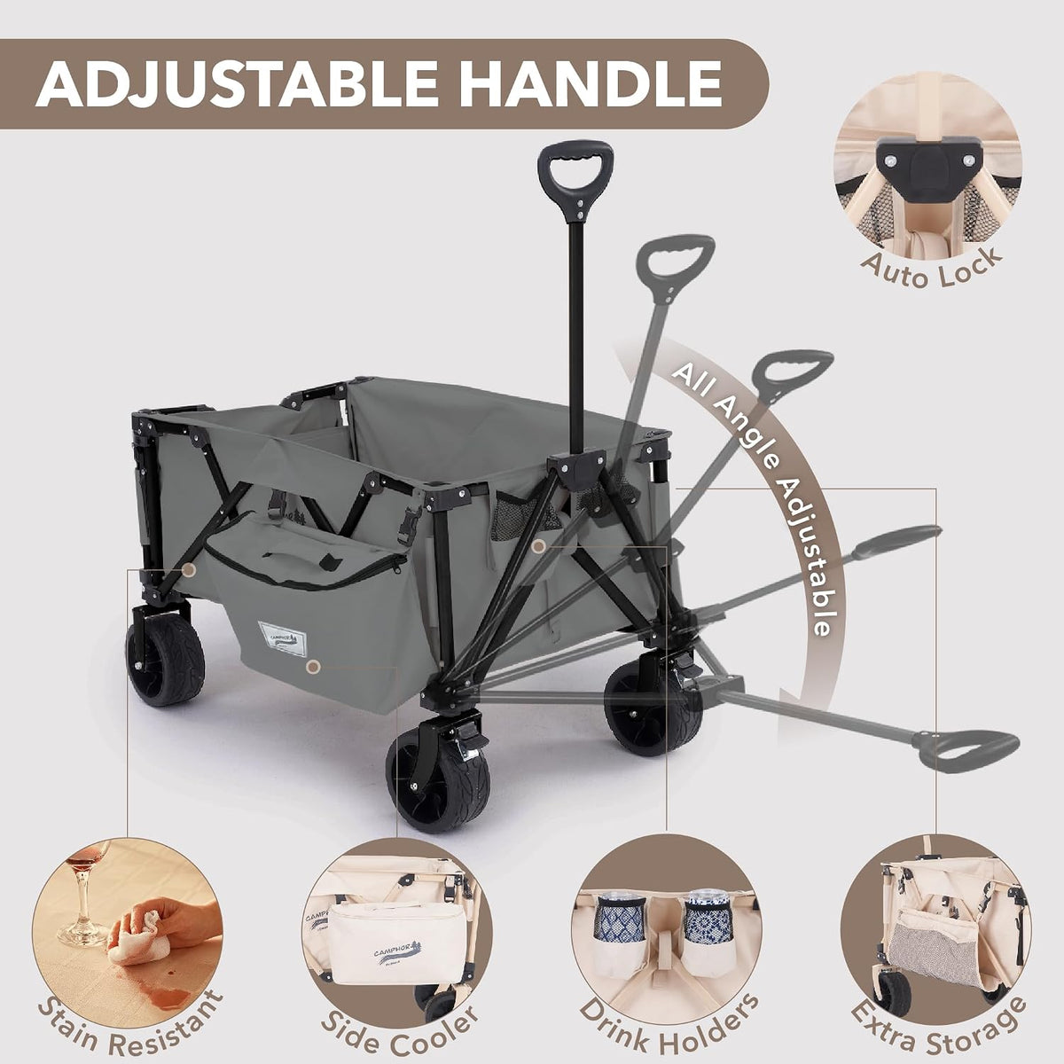 Camphor Designs 200L Collapsible Folding Beach Wagon |Heavy Duty Utility Cart Extender |Supports 225lbs |All-Terrain Big Wheels with Breaks for Sports Camping (Grey)