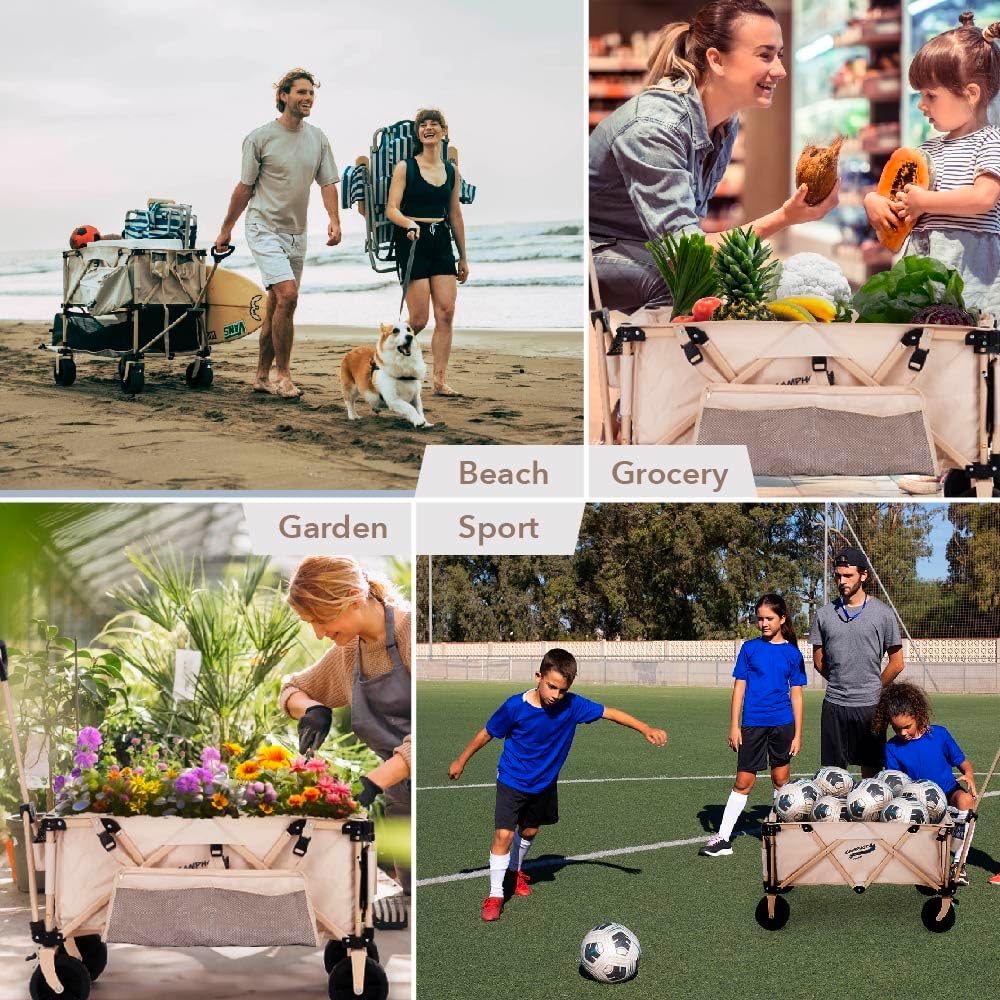 Camphor Designs 200L Collapsible Folding Beach Wagon |Heavy Duty Utility Cart Extender |Supports 225lbs |All-Terrain Big Wheels with Breaks for Sports Camping (Grey)