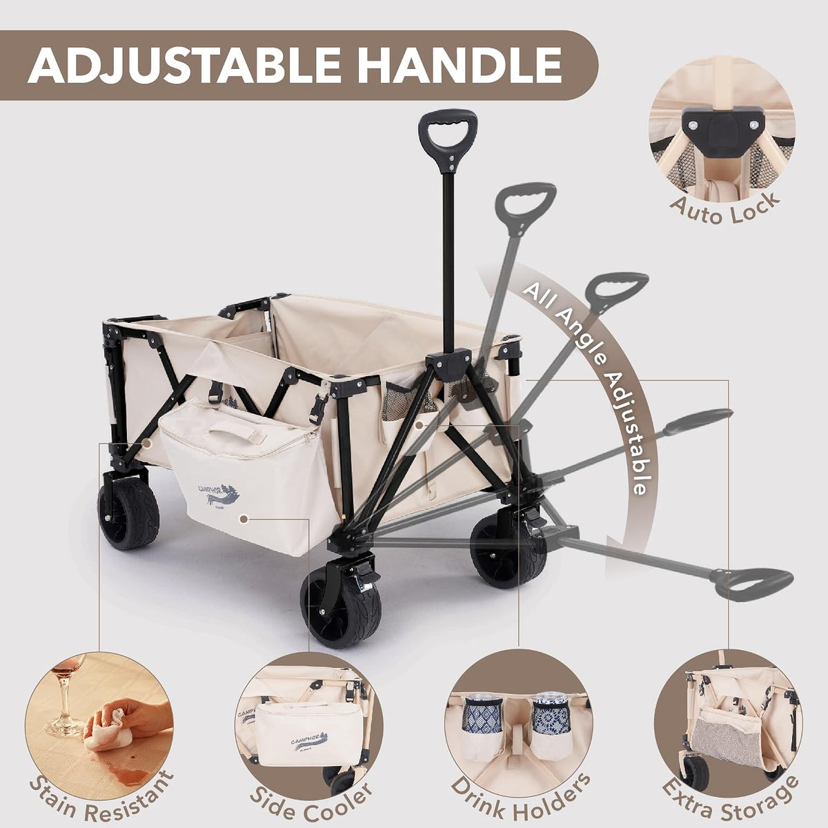 Camphor Designs 200L Collapsible Folding Beach Wagon |Heavy Duty Utility Cart Extender |Supports 225lbs |All-Terrain Big Wheels with Breaks for Sports Camping (Beige)