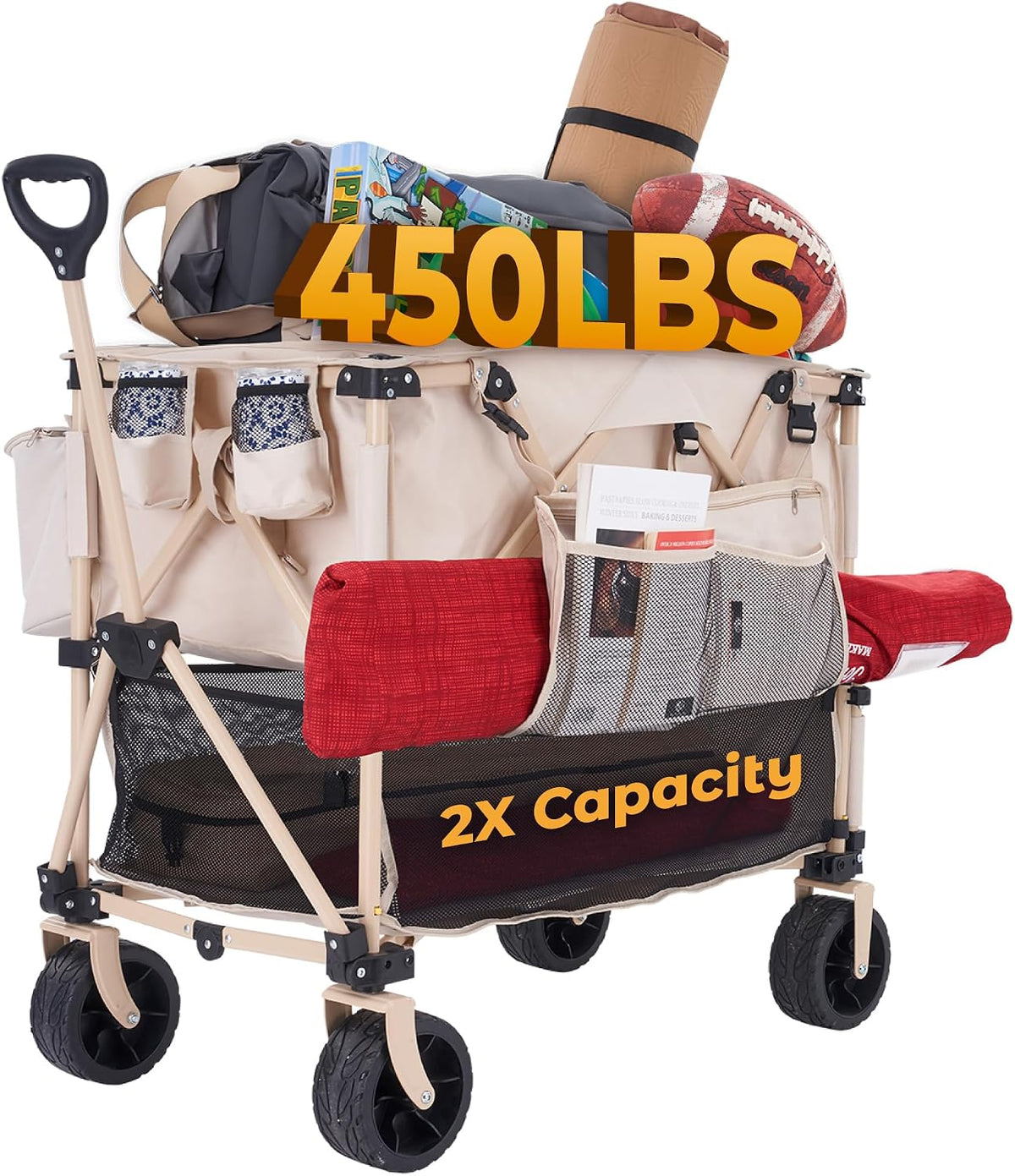 Camphor Designs 400L Collapsible Folding Double Decker Beach Wagon |Heavy Duty Utility Cart Extender|Supports 450lbs|All-Terrain Big Wheels with Breaks for Sports Camping (Beige)