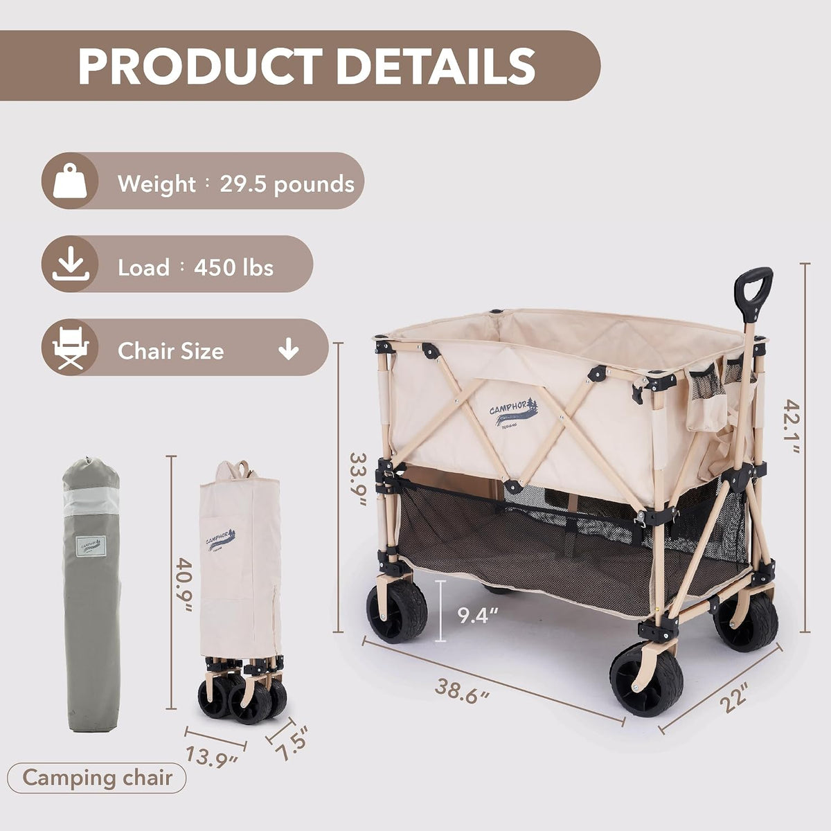 Camphor Designs 400L Collapsible Folding Double Decker Beach Wagon |Heavy Duty Utility Cart Extender|Supports 450lbs|All-Terrain Big Wheels with Breaks for Sports Camping (Beige)