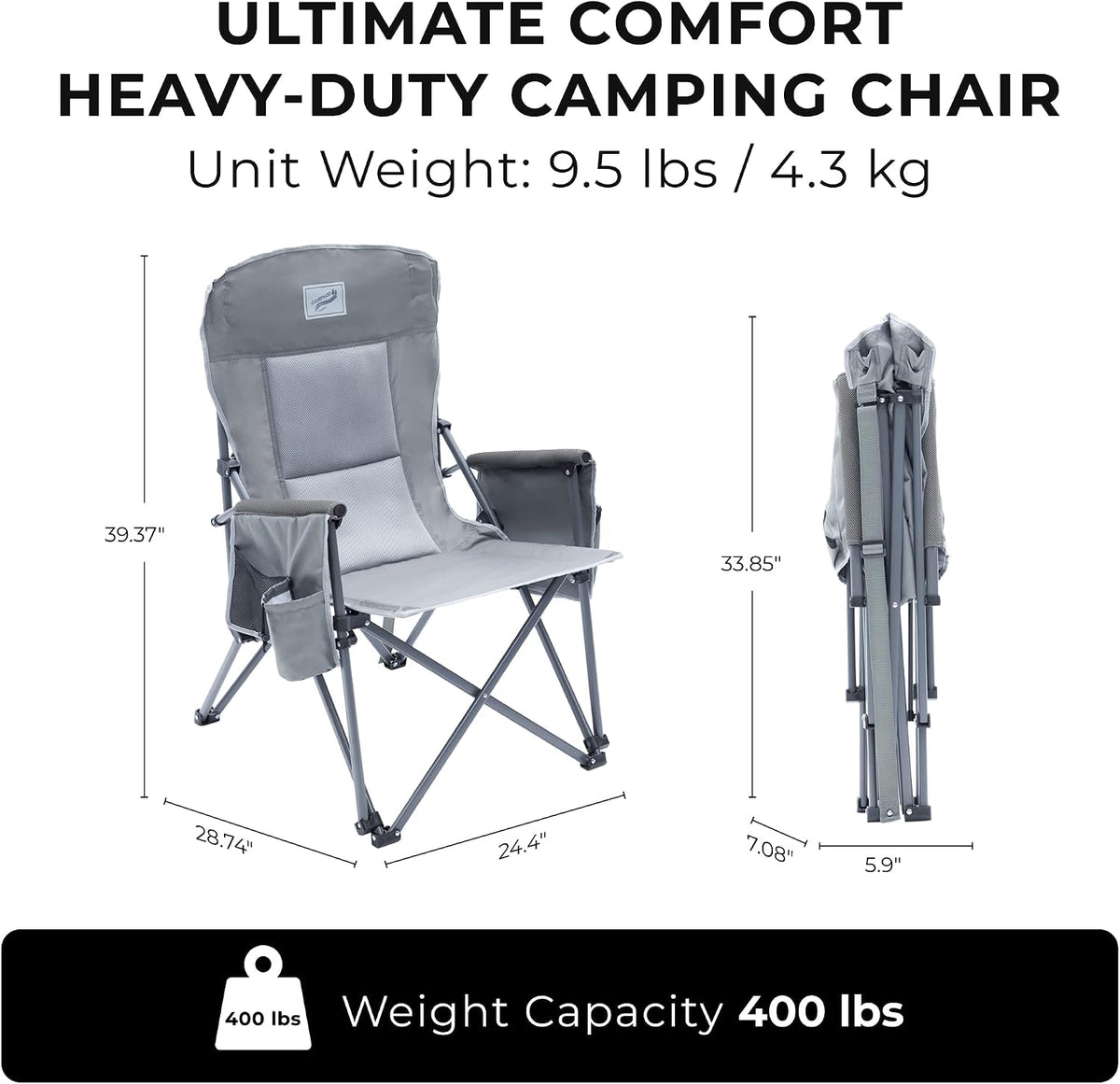 Camphor Designs Heavy Duty Portable Folding Camping Chair for Adults with Comfy Padded Backrest | for Outdoor & Sports, Backpacking, Beach, Lawn, Hunting, Tailgating, Fishing | Supports 400 Lbs (Grey)