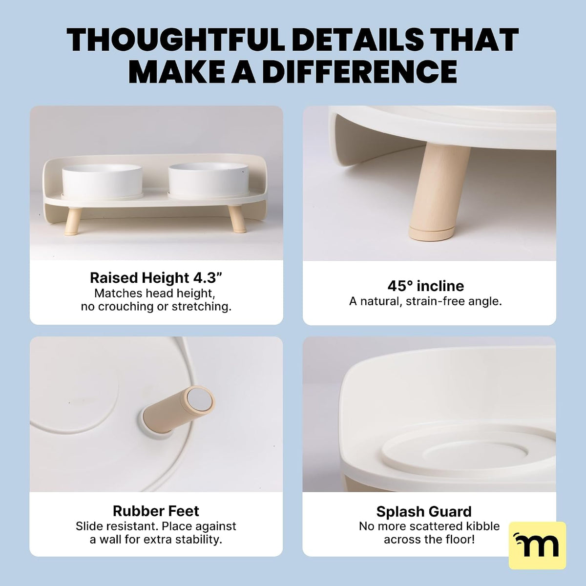 MalsiPree Dog Bowls Elevated & Pet Bowls - Small, Sand Beige - 45 Tilt Stand with Splash Guard - Dog Feeding Station with Ceramic Dishes for Food & Water