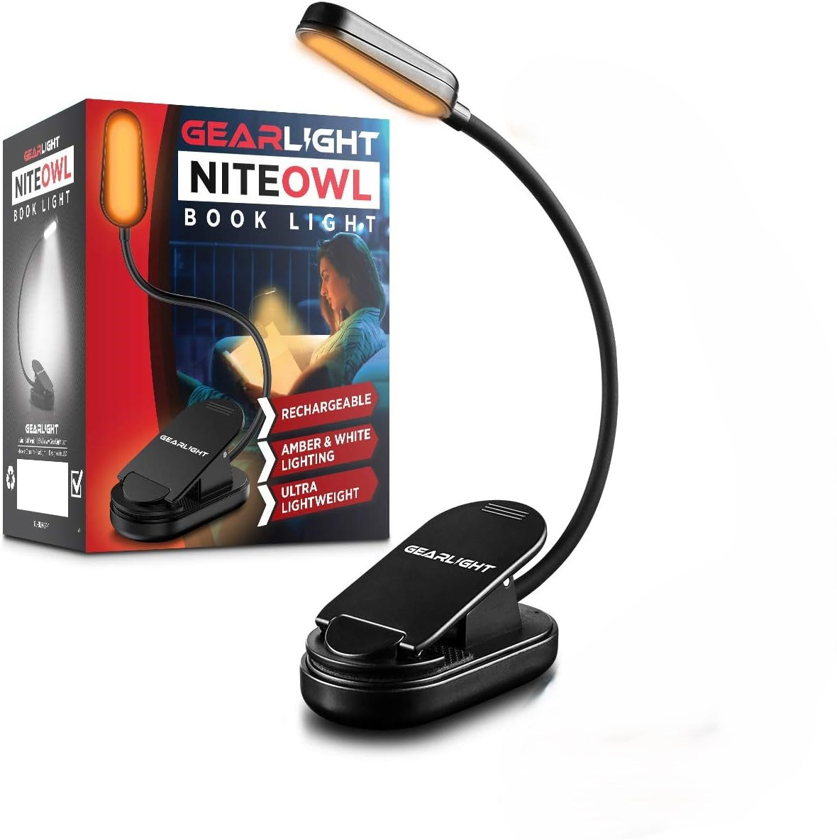 GearLight Rechargeable Book Light for Reading in Bed Hands-Free LED Clip-on Lamp with 3 Light Modes, Adjustable Brightness, Flexible Neck Reading Light for Books, Laptops, and More Black Clip-on