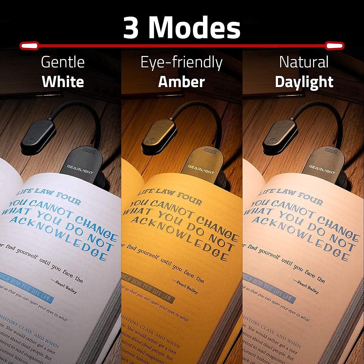 GearLight Rechargeable Book Light for Reading in Bed Hands-Free LED Clip-on Lamp with 3 Light Modes, Adjustable Brightness, Flexible Neck Reading Light for Books, Laptops, and More Black Clip-on