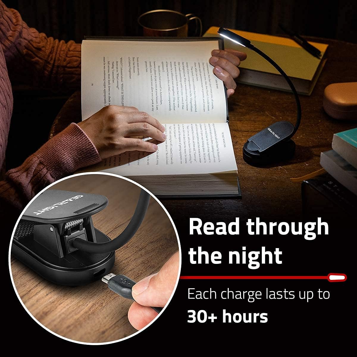 GearLight Rechargeable Book Light for Reading in Bed Hands-Free LED Clip-on Lamp with 3 Light Modes, Adjustable Brightness, Flexible Neck Reading Light for Books, Laptops, and More Black Clip-on