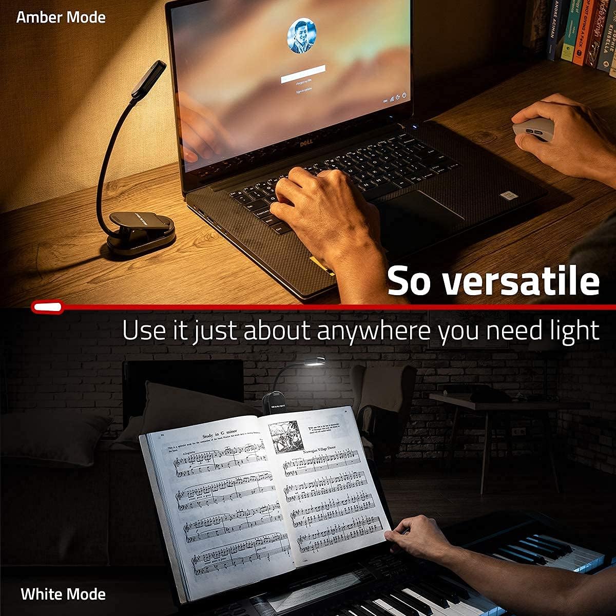 GearLight Rechargeable Book Light for Reading in Bed Hands-Free LED Clip-on Lamp with 3 Light Modes, Adjustable Brightness, Flexible Neck Reading Light for Books, Laptops, and More Black Clip-on