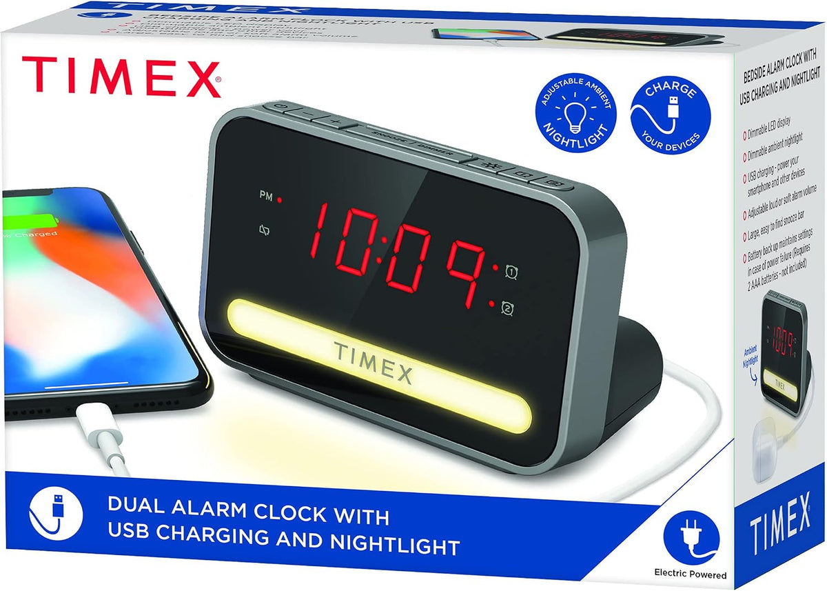 Timex Bedside Dual Alarm Clock with USB Charging, Nightlight, Snooze bar, dimmer Display and Battery Backup (T1200)
