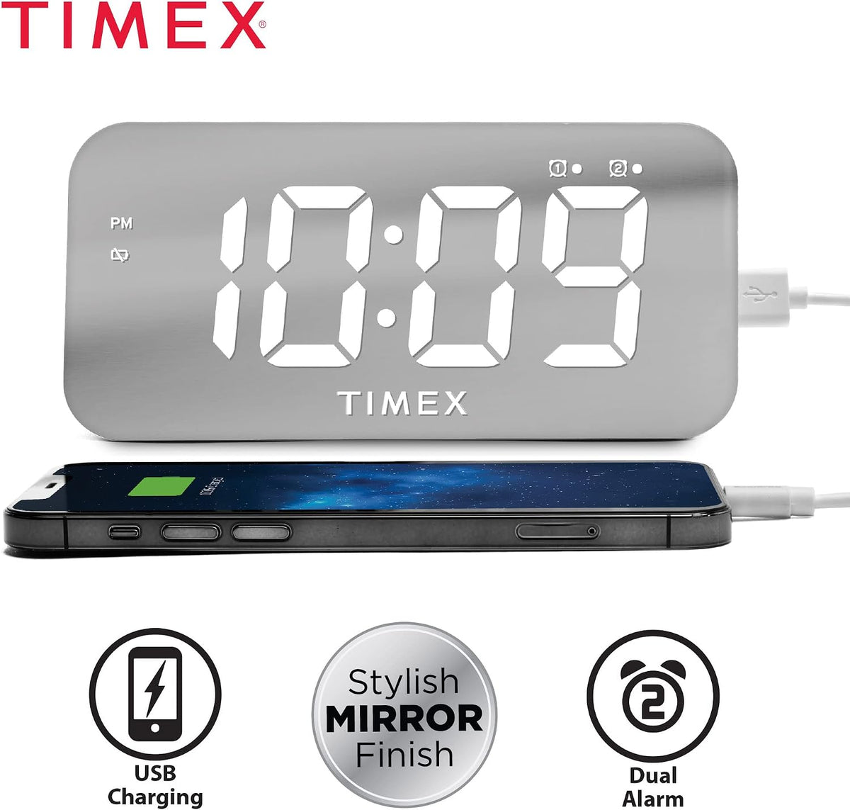 Timex Alarm Clock with USB Charger (5W) and Large Display, Digital Alarm Clock for Bedroom Includes 100-240V Universal Power Adapter (T1320)