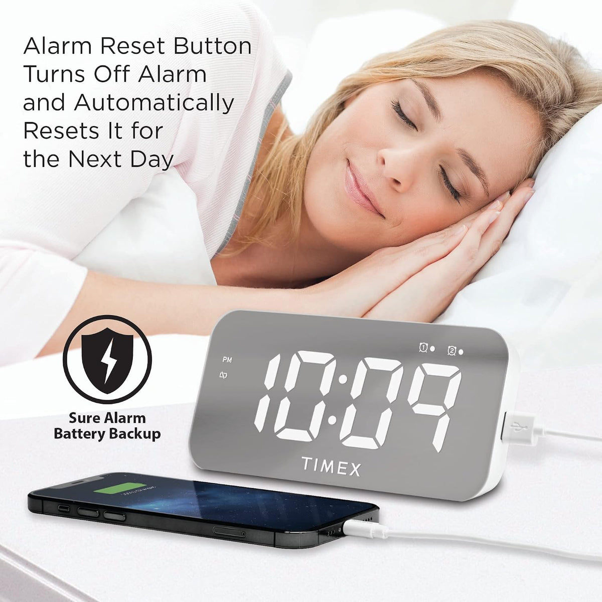 Timex Alarm Clock with USB Charger (5W) and Large Display, Digital Alarm Clock for Bedroom Includes 100-240V Universal Power Adapter (T1320)