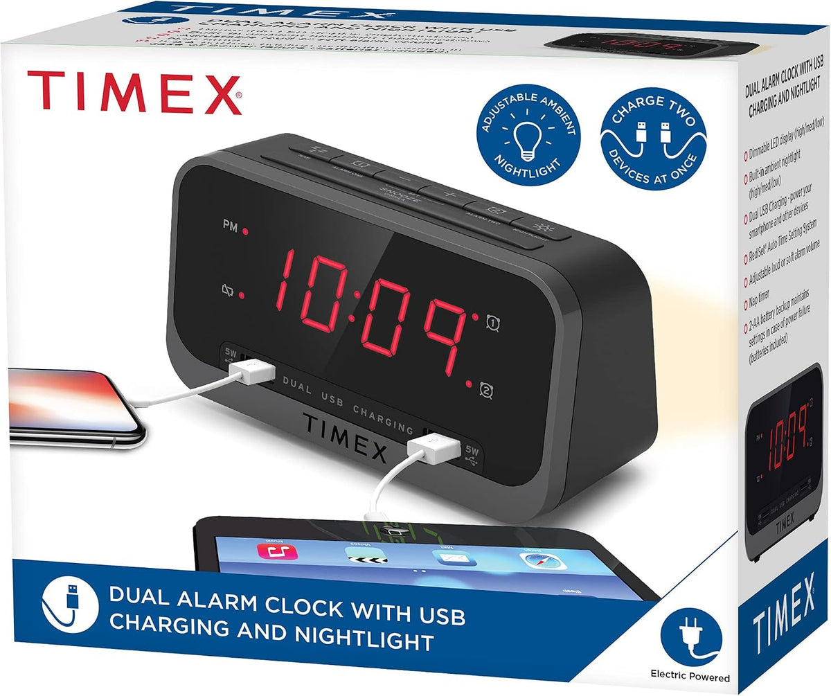 Timex Bedside Alarm Clock with Dual USB Charging, Dual Alarm, Nightlight, Snooze bar, and Battery Backup (T1300)