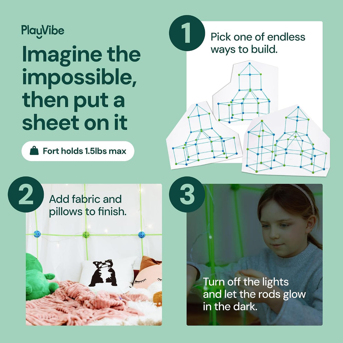 PLAYVIBE 130 PCS Glow in The Dark Kids Fort Building Kit - Fort Builder | Fort Kit | Crazy Kids Fort Building Set | Build A Fort | Air Fort | Indoor/Outdoor Kids Toys
