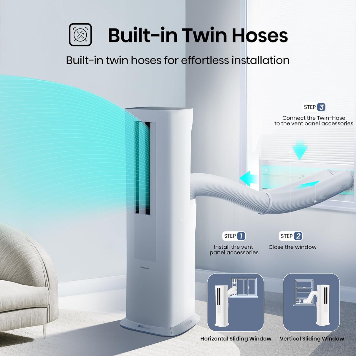 Hisense API0825UW1D Smart Inverter Twin Hose 8,000 BTU (DOE) 350 SF Heat/Cool Tower Portable Air Conditioner, White 8,000 BTU Heat and Cool Smart Inverter