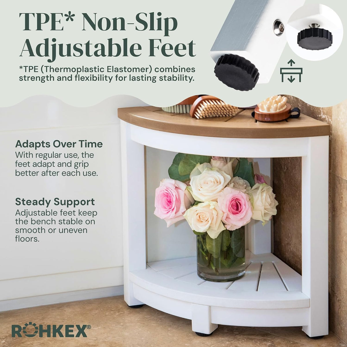 ROHKEX Corner Shower Stool, Waterproof, Non-Slip - White & Brown