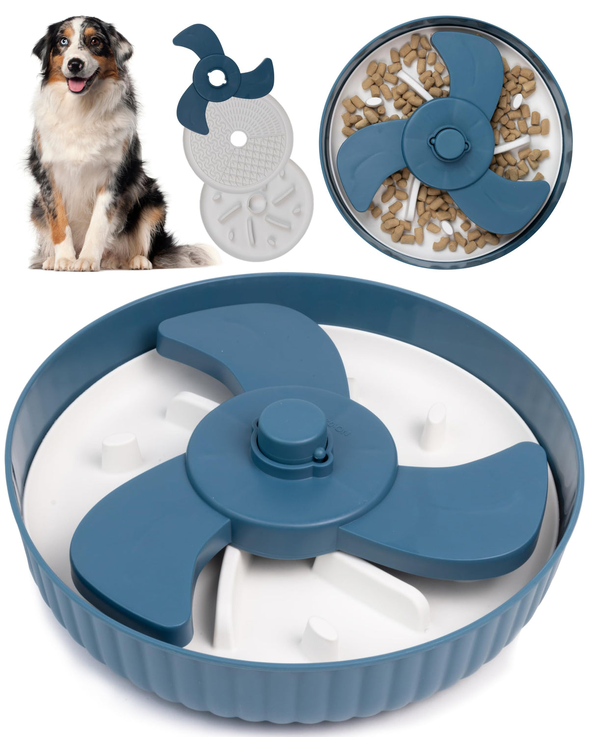 MalsiPree Spinning Slow Feeder Dog Bowl - Anti-Choke Non-Slip Puzzle Feeder for Small & Large Breeds with 2 Interchangeable Mats - Blue