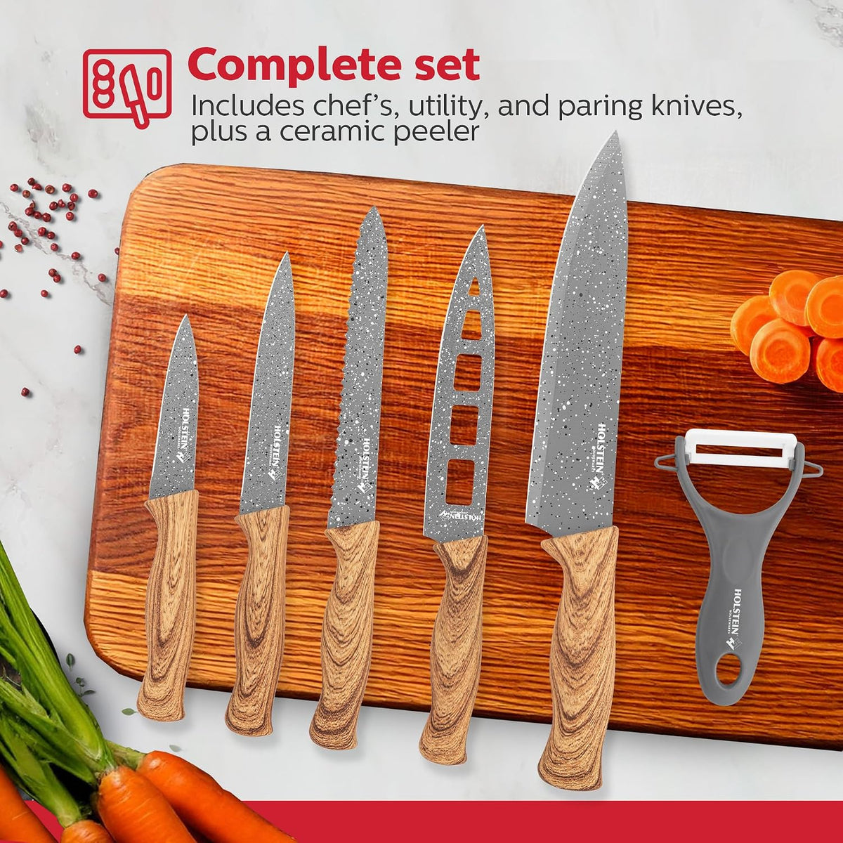 Holstein Housewares 6-Piece Knife Set Stainless Steel Kitchen Knives with Wooden-Coated Handles, Non-Stick Coating, and Ceramic Peeler Stylish & Versatile for Everyday Cooking