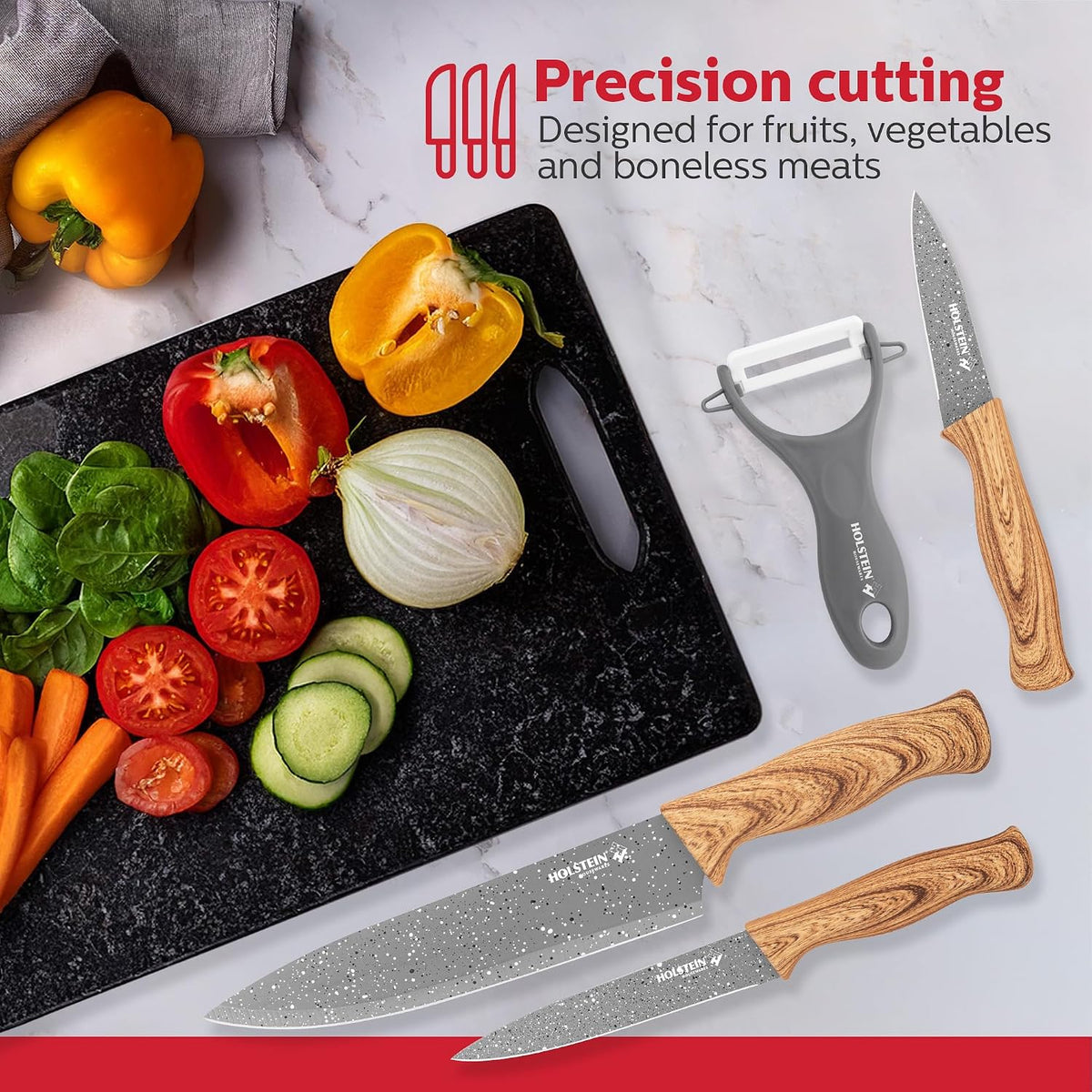 Holstein Housewares 6-Piece Knife Set Stainless Steel Kitchen Knives with Wooden-Coated Handles, Non-Stick Coating, and Ceramic Peeler Stylish & Versatile for Everyday Cooking