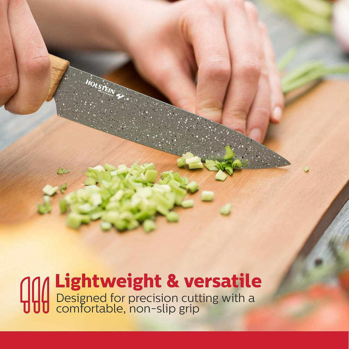 Holstein Housewares 6-Piece Knife Set Stainless Steel Kitchen Knives with Wooden-Coated Handles, Non-Stick Coating, and Ceramic Peeler Stylish & Versatile for Everyday Cooking