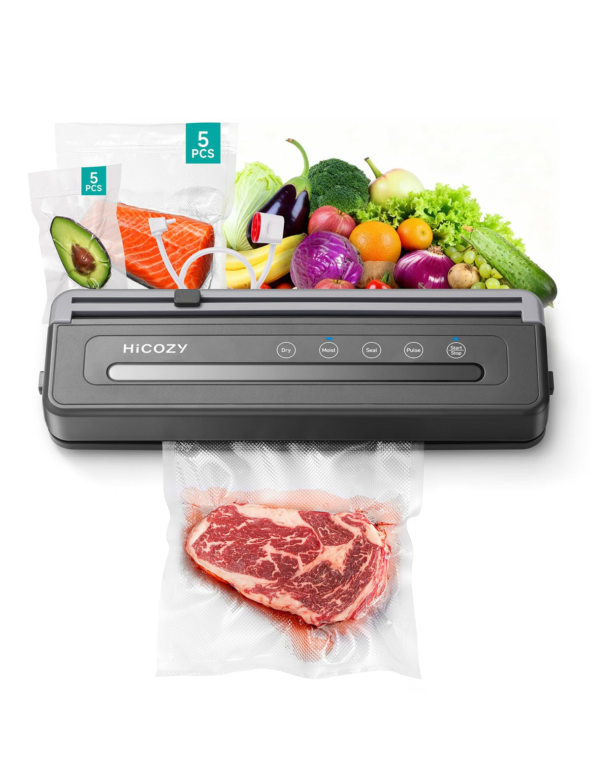 HiCOZY Compact Vacuum Sealer for Food, 5-in-1 Functions Vacuum Sealer with Double Heat Seal, Built-in Cutter, 10 BPA-Free Bags, Gray