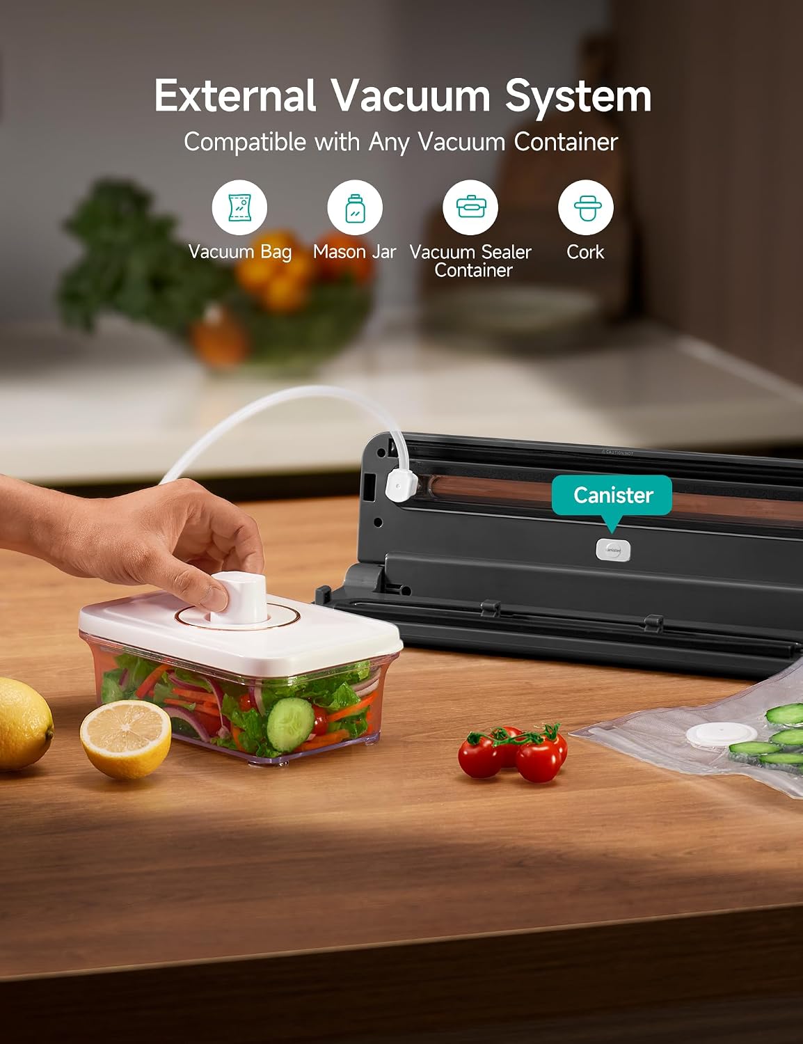 HiCOZY Compact Vacuum Sealer for Food, 5-in-1 Functions Vacuum Sealer with Double Heat Seal, Built-in Cutter, 10 BPA-Free Bags, Gray