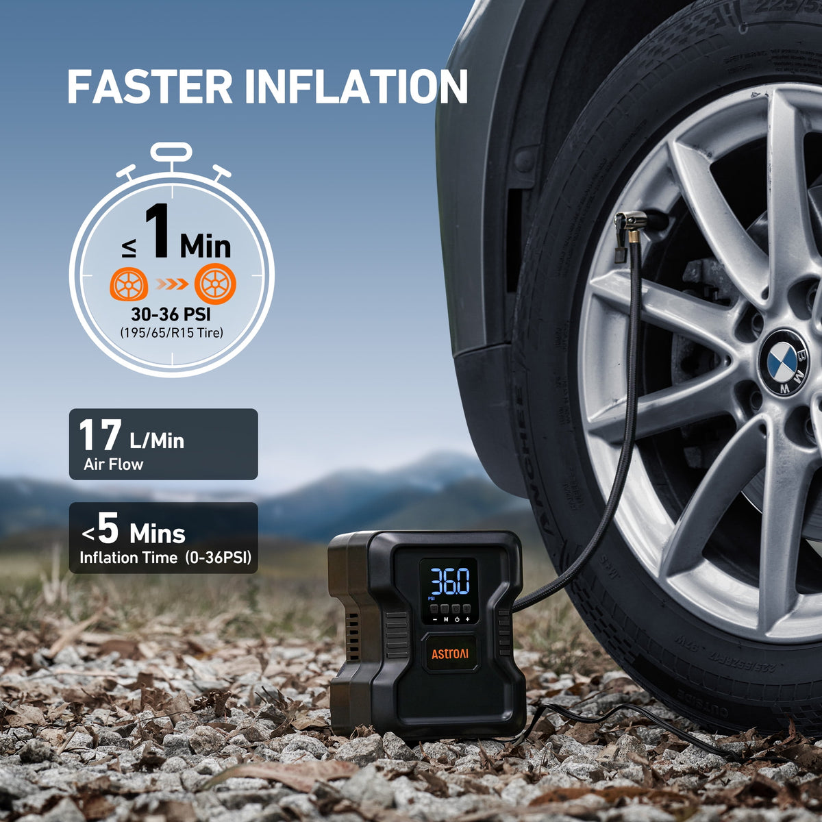 AstroAI Portable Tire Inflator, 150 PSI Air Compressor Tire Pump, Emergency LED Light, Automatic Shutoff Car Air Pump, Compact Tire Pump Fast Inflation for Cars, 12V DC