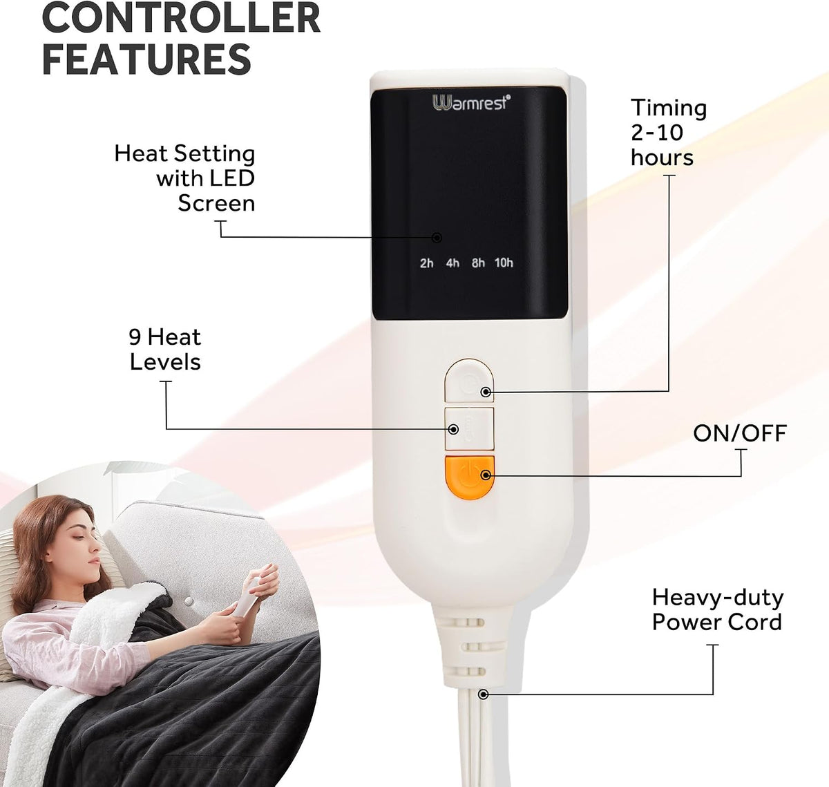 Heated Electric Blanket, Soft Flannel Sherpa, 9 Heat Levels, Fast Heating, 2 to 10 Hours Auto-Off, Detachable Controller, Machine Washable