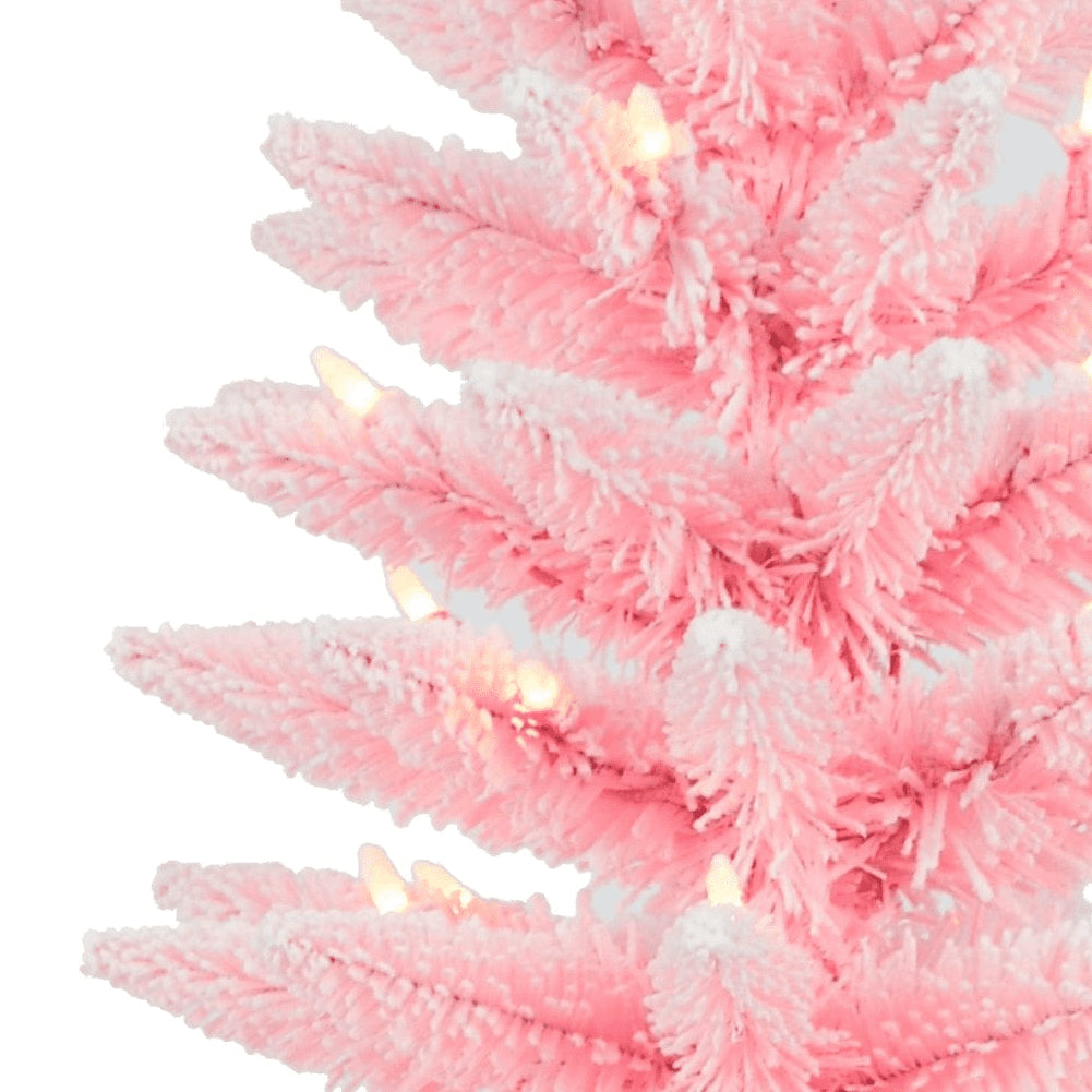 4ft Pre-Lit Flocked Pink Slim Christmas Tree, 70 Clear Incandescent Lights