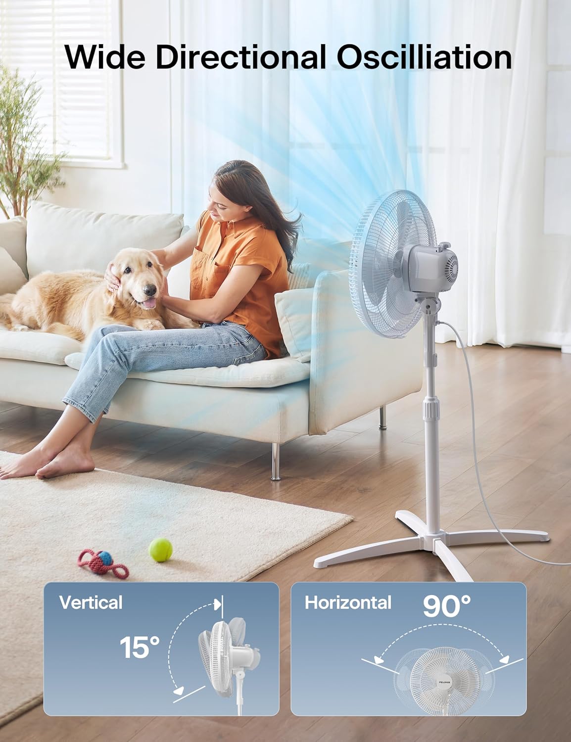 PELONIS 16" Adjustable Oscillating Pedestal Fan for Bedroom, White