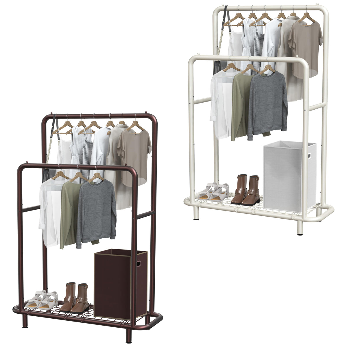 Simple Houseware Double Rod Clothing Garment Rack with Industrial Pipe and Bottom Shelves