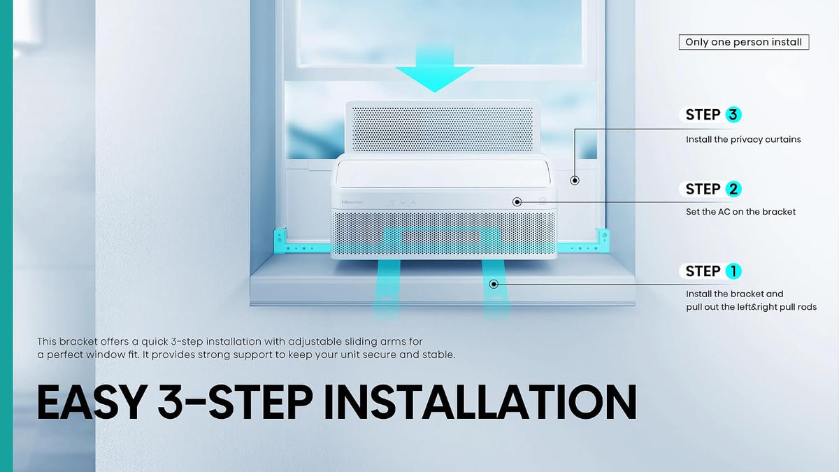 Hisense 8,000 BTU Smart Inverter Window Air Conditioner Easy Install Bracket, Up to 350 Sq Ft, Ultra-Slim Profile, 3 Speed, 700W, 4Way Air Direction, (slightly damaged box)