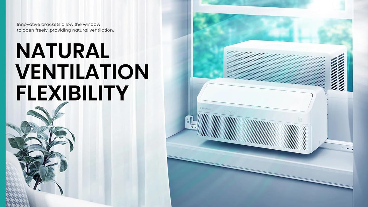 Hisense 8,000 BTU Smart Inverter Window Air Conditioner Easy Install Bracket, Up to 350 Sq Ft, Ultra-Slim Profile, 3 Speed, 700W, 4Way Air Direction, (slightly damaged box)