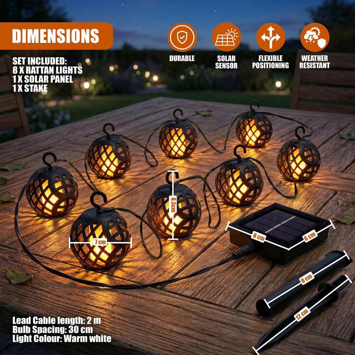 SOLASA 8 LED Solar Powered Fireball String Lights, Dancing Flickering Flame Effect LED String Globe Hanging Lantern Lights for Outdoor