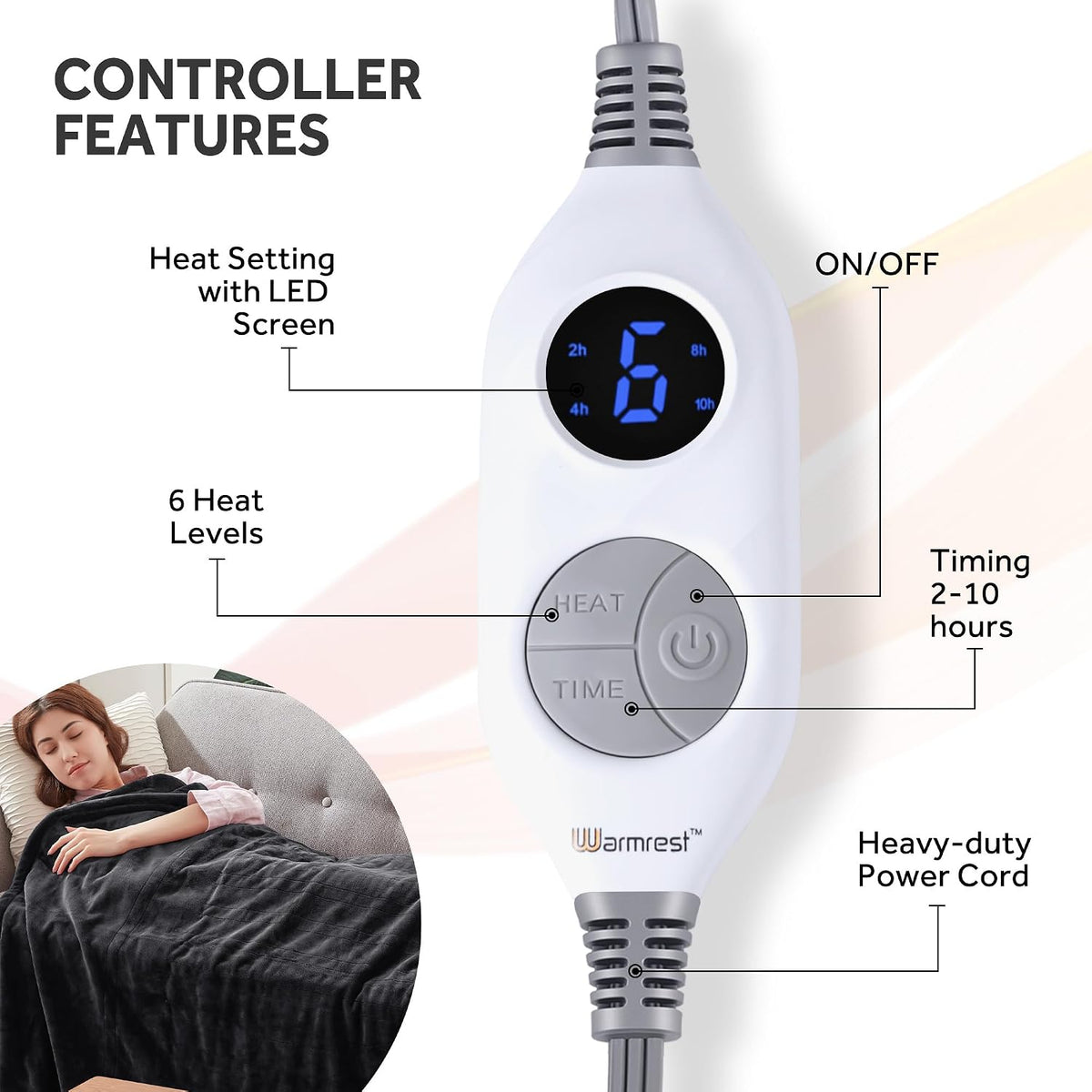 Warmrest Electric Blanket Heated Throw Blanket Soft Flannel, 6 Heat Levels Fast Heating, 1 to 10 Hours Auto-Off, Detachable Controller, Machine Washable
