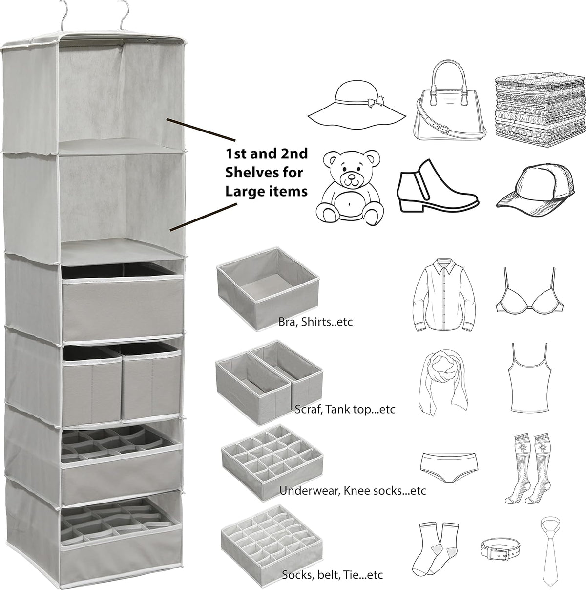 Simple Houseware 6 Shelves Hanging Organizer with Drawers, Grey