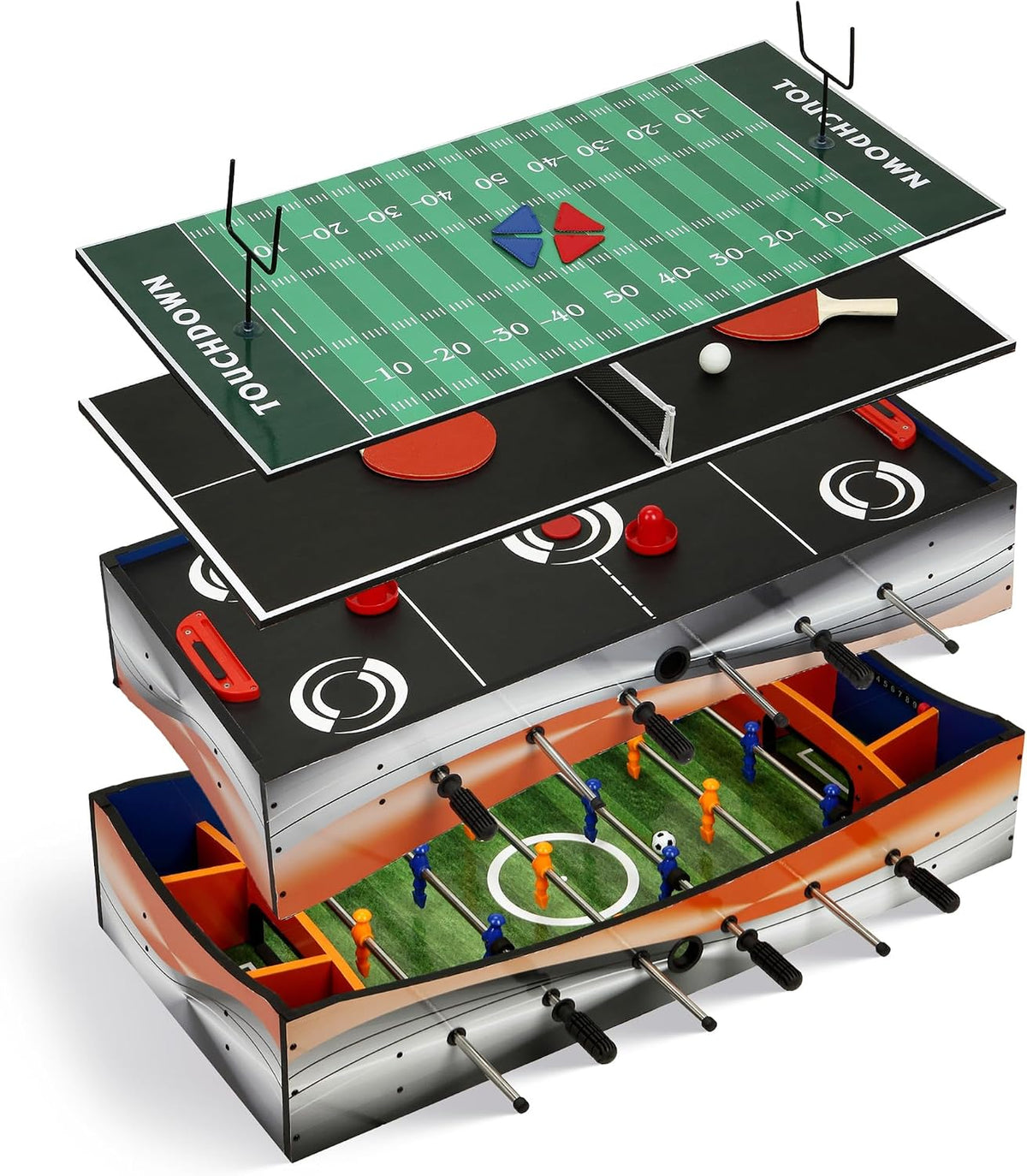 Hathaway Revolver 4 in 1 Multi Game Tabletop - 40-in Tabletop Games Set with Ping Pong, Glide Hockey, Finger Football, and Foosball Table for Family - Multi Game Table with Full Accessories