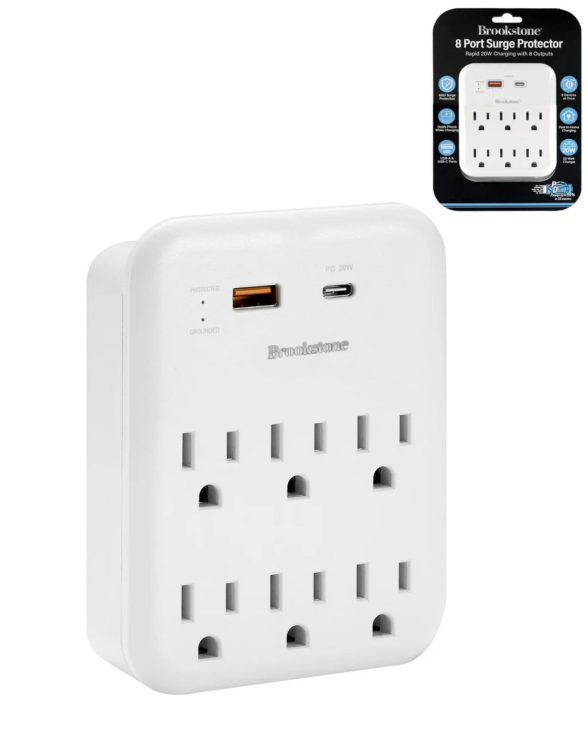 Brookstone 6 Outlets w/ Type C and USB A Surge Protector - White